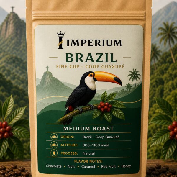 Brazil single origin coffee label from Santos region with coffee beans and farm landscape design