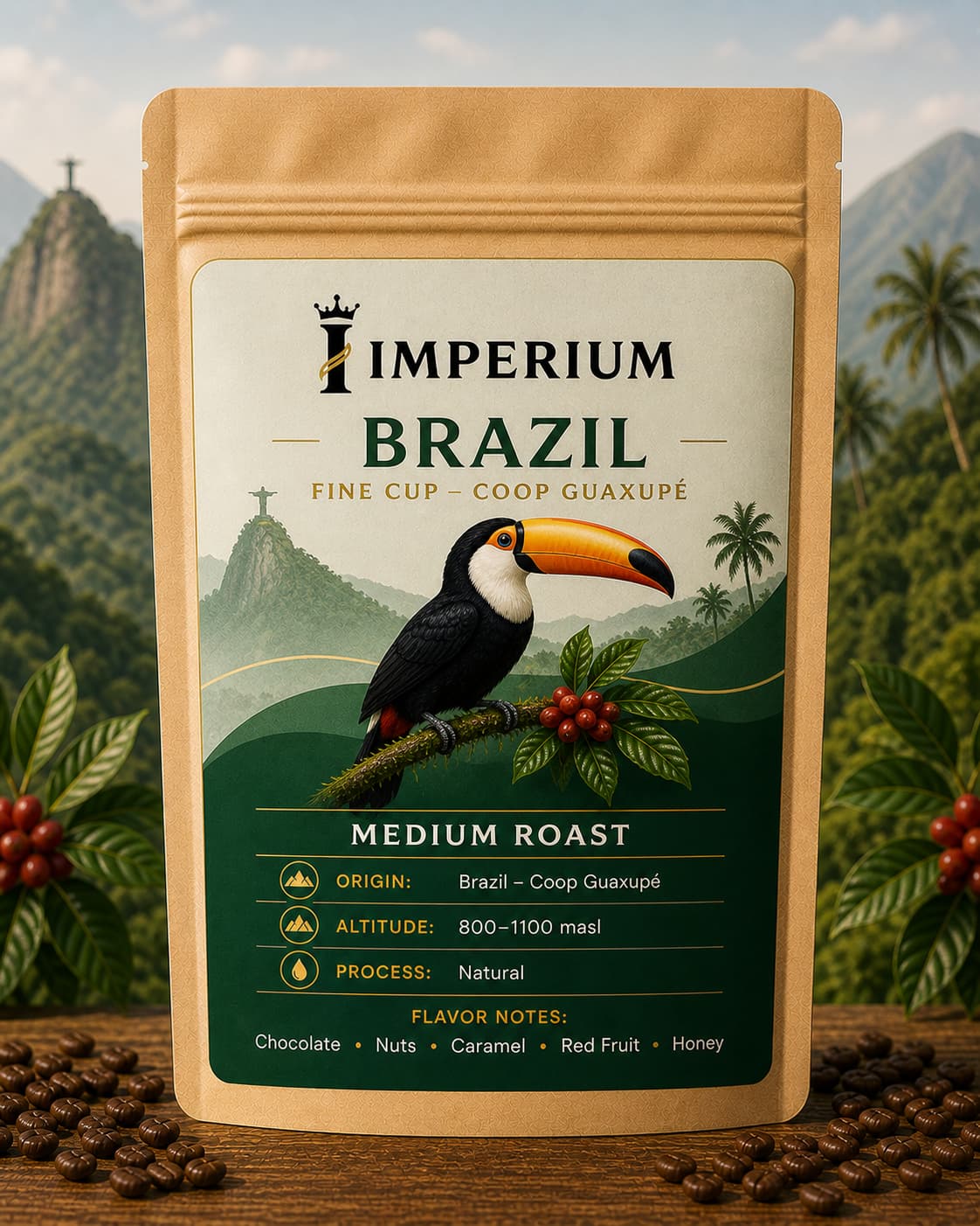 Brazil single origin coffee label from Santos region with coffee beans and farm landscape design
