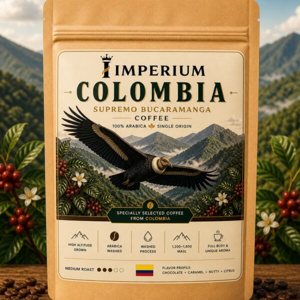 Colombian coffee beans with balanced flavor, mild acidity, and caramel notes