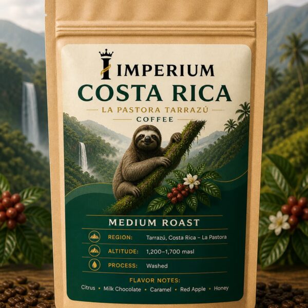 Costa Rica single origin coffee label from Tarrazú region with mountain and coffee bean design