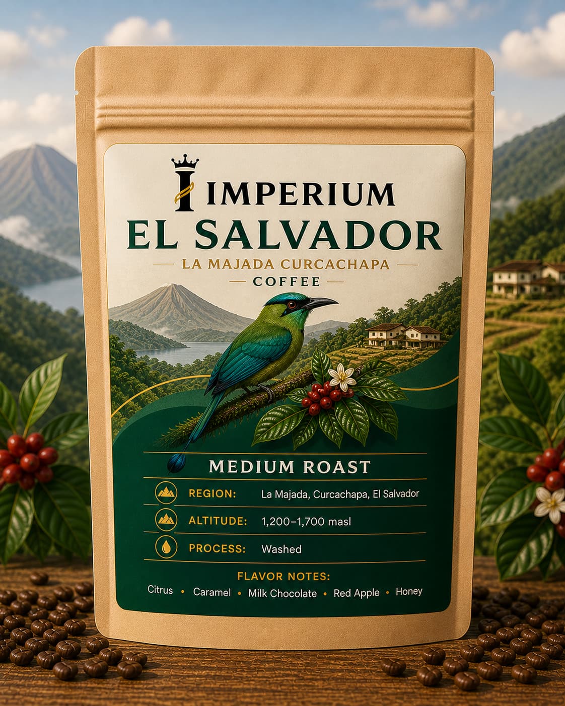 El Salvador coffee beans with smooth body and chocolate caramel flavor
