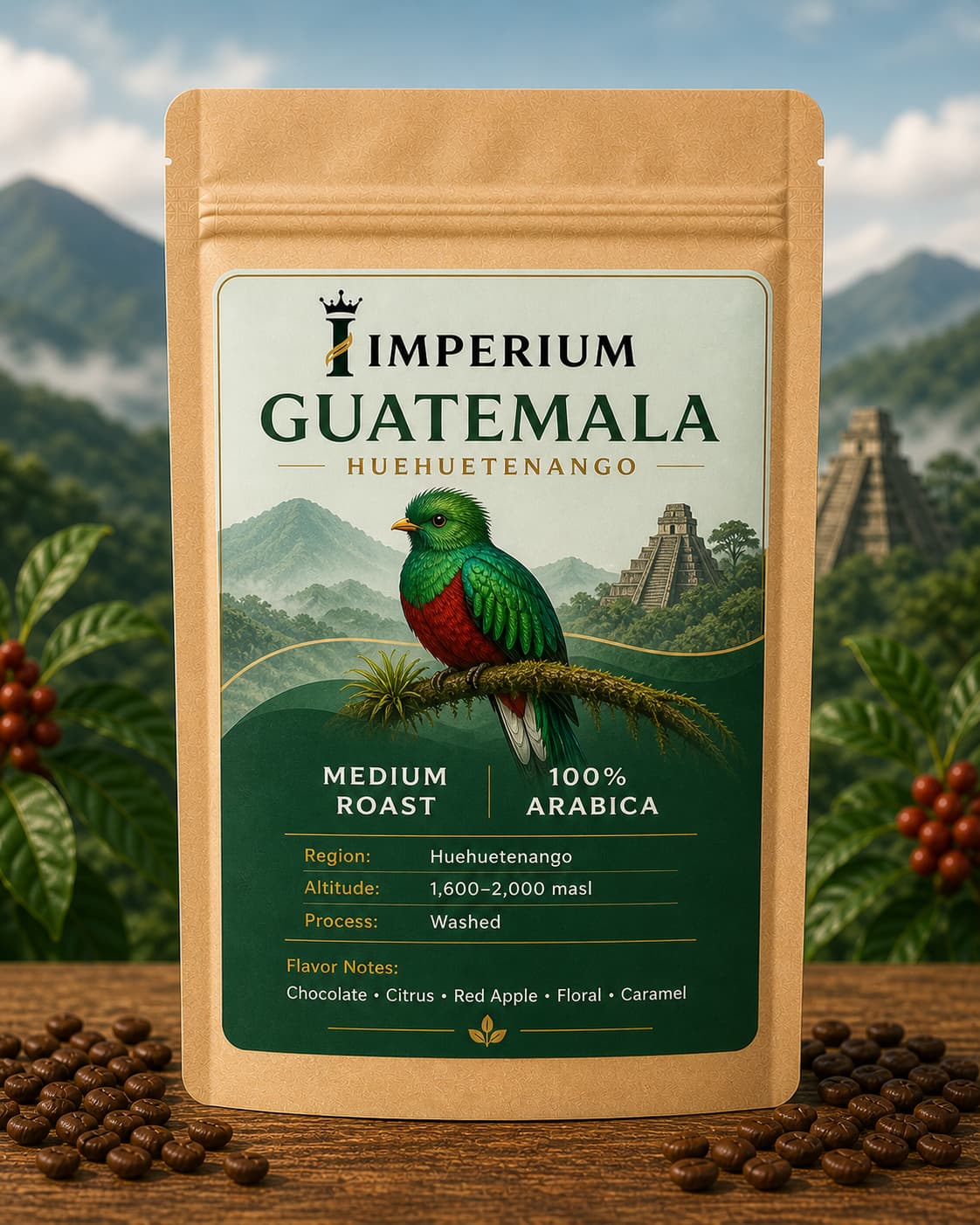 Guatemala coffee beans with rich body, bright acidity, and chocolate citrus notes