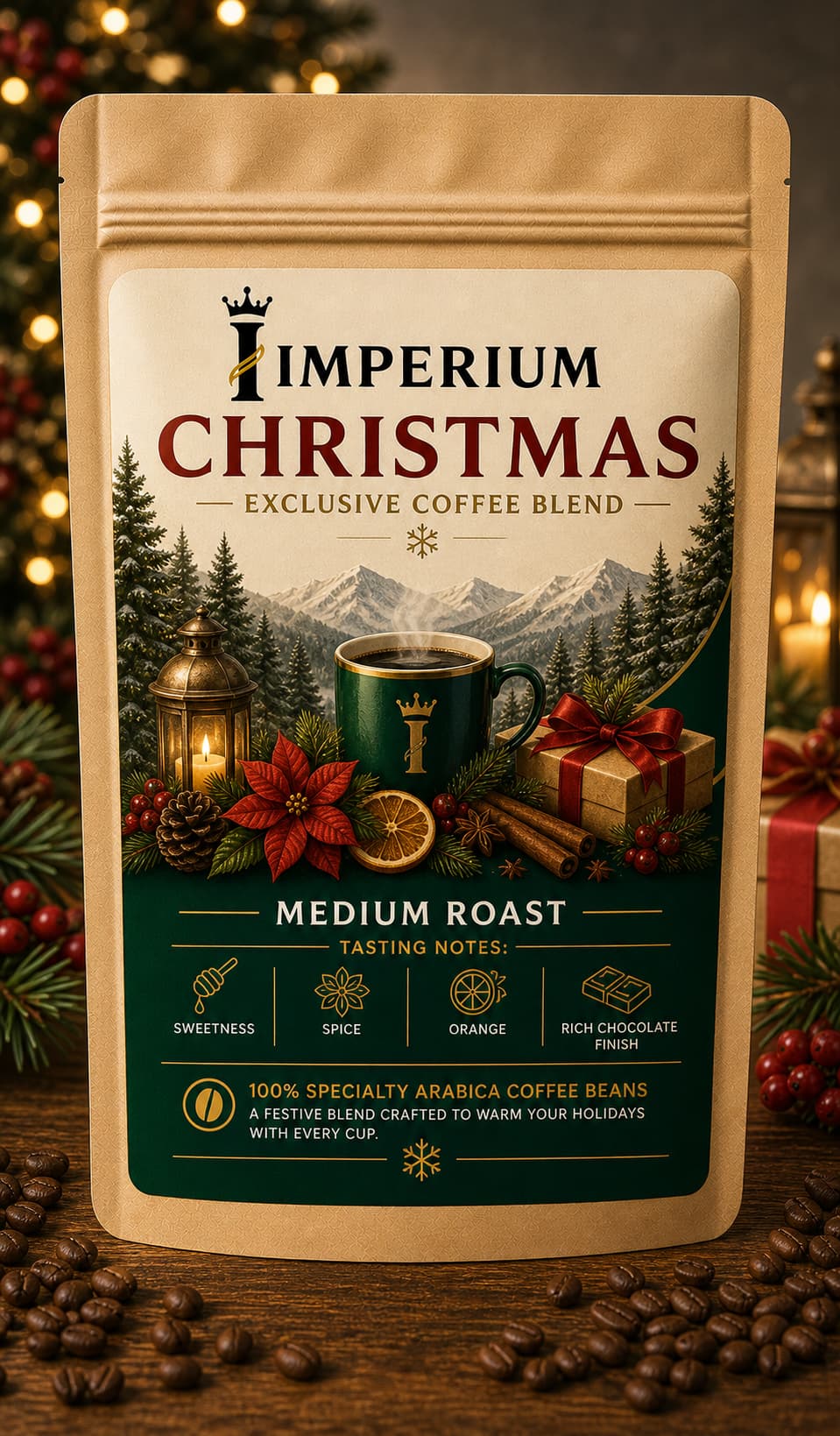 Christmas Blend specialty coffee with chocolate, caramel, fruity, and smooth spiced notes