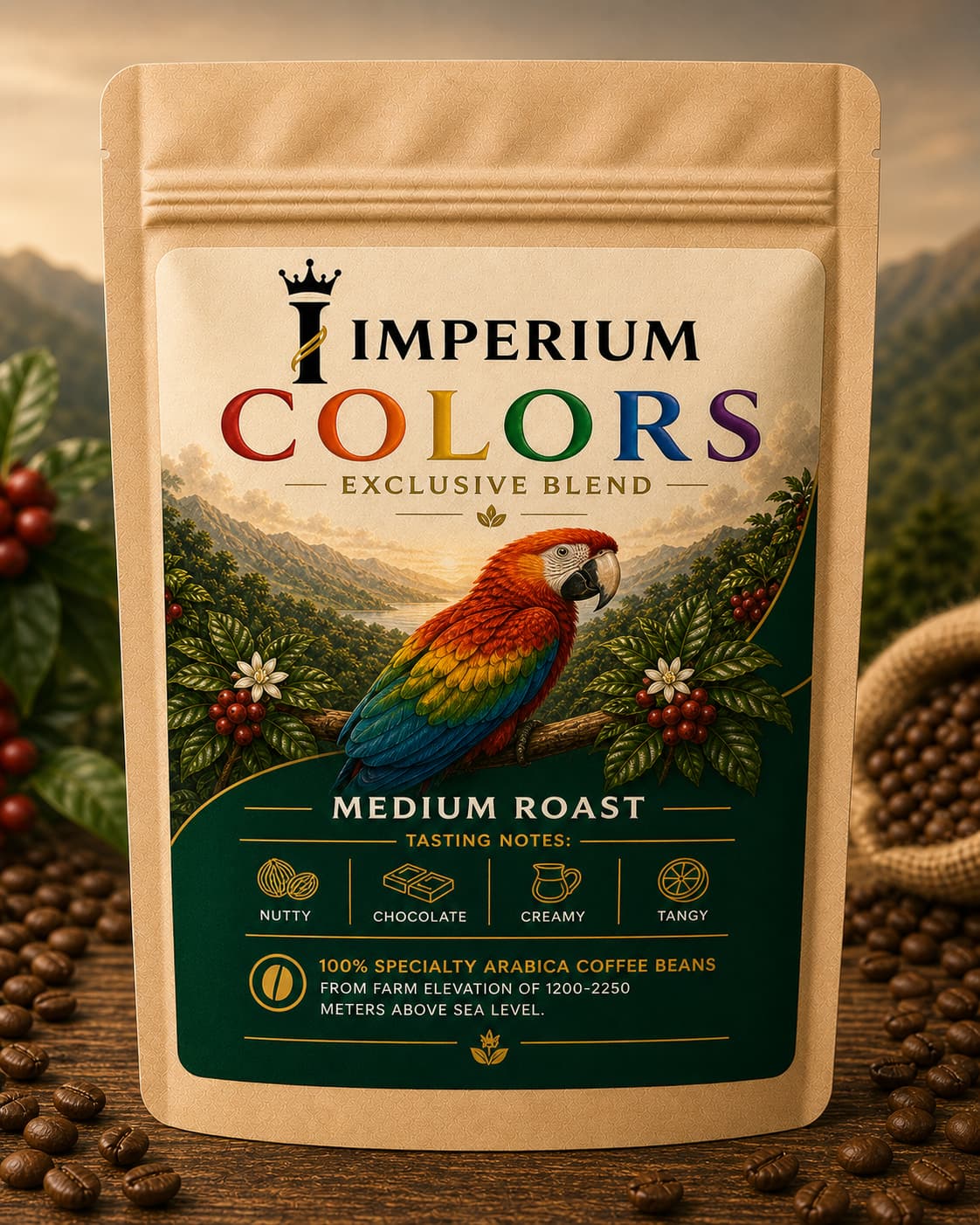 Color Blend specialty coffee beans with creamy, nutty, and chocolate flavor profile