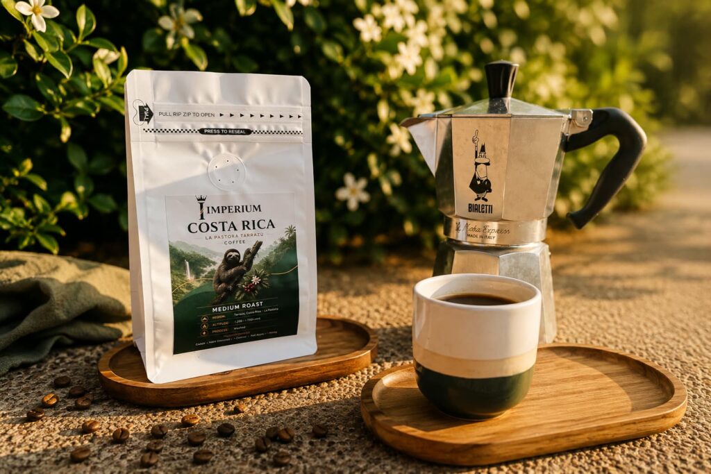 Bialetti Moka Pot brewing coffee with freshly roasted specialty coffee beans.
