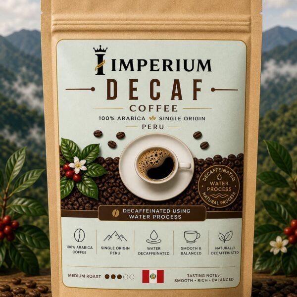 Decaffeinated coffee beans with smooth body and mild roasted flavor