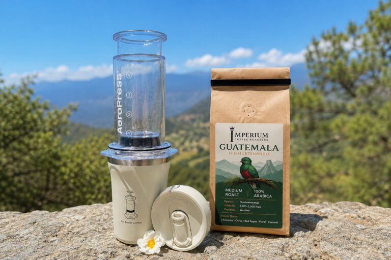 Guatemala Huehuetenango coffee by Imperium Coffee Roasters with AeroPress brewer on a mountain viewpoint.