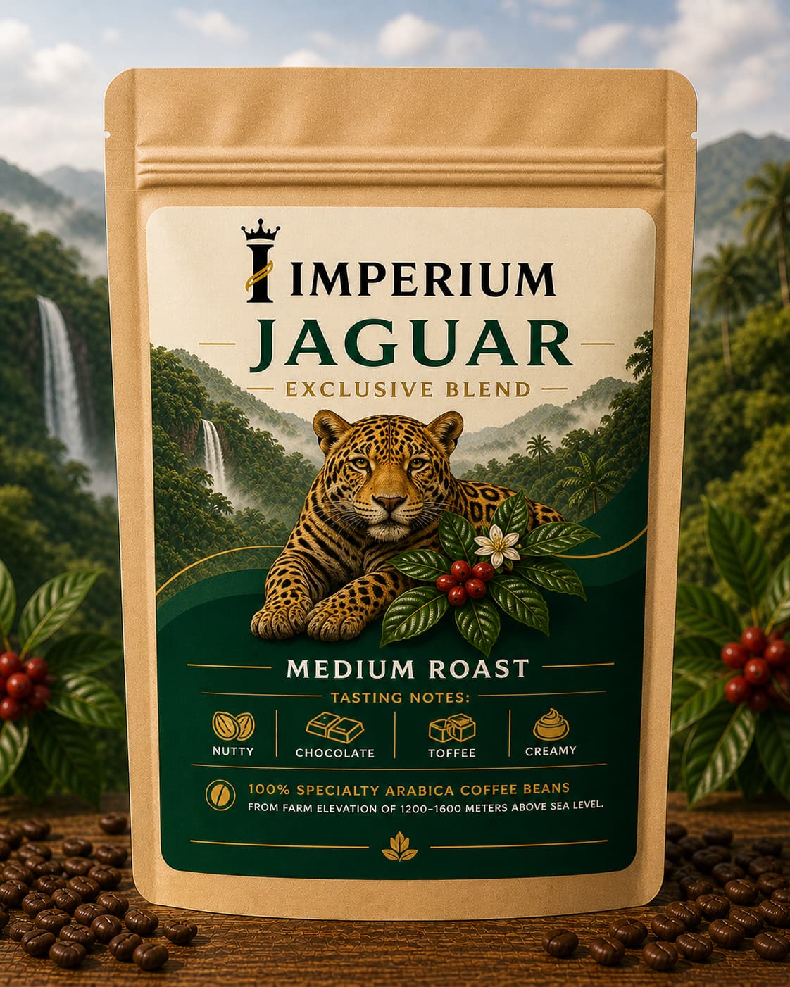 Jaguar Coffee Blend specialty coffee with rich chocolate, nutty, and caramel notes