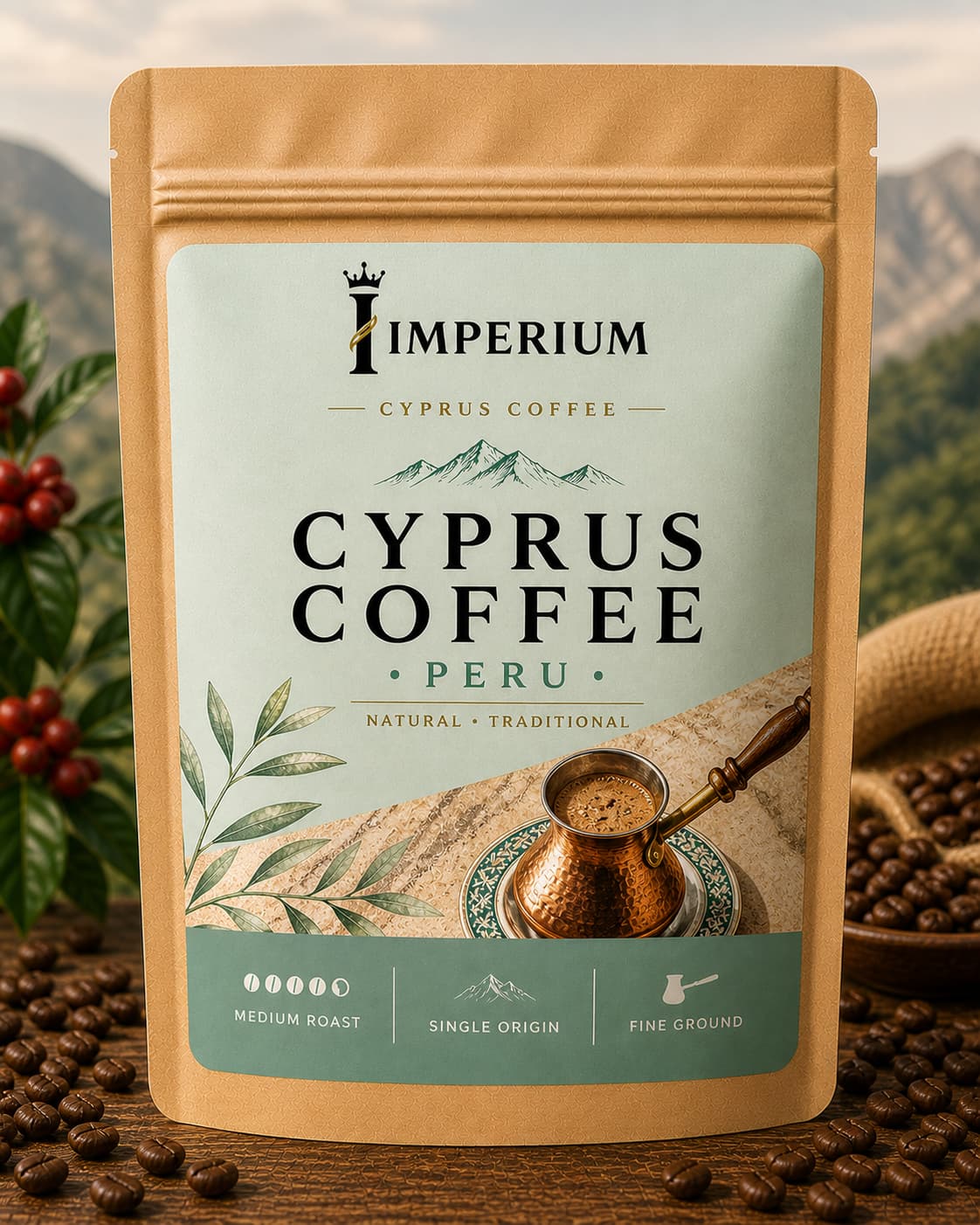 Cyprus coffee made from Peruvian Arabica beans with smooth chocolate and nutty notes