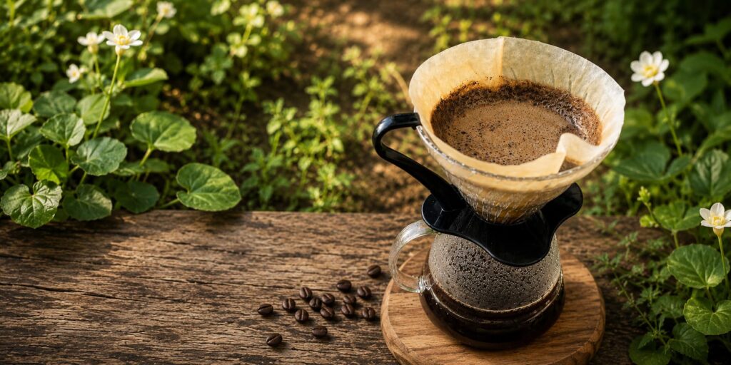 V60 pour over coffee brewing outdoors