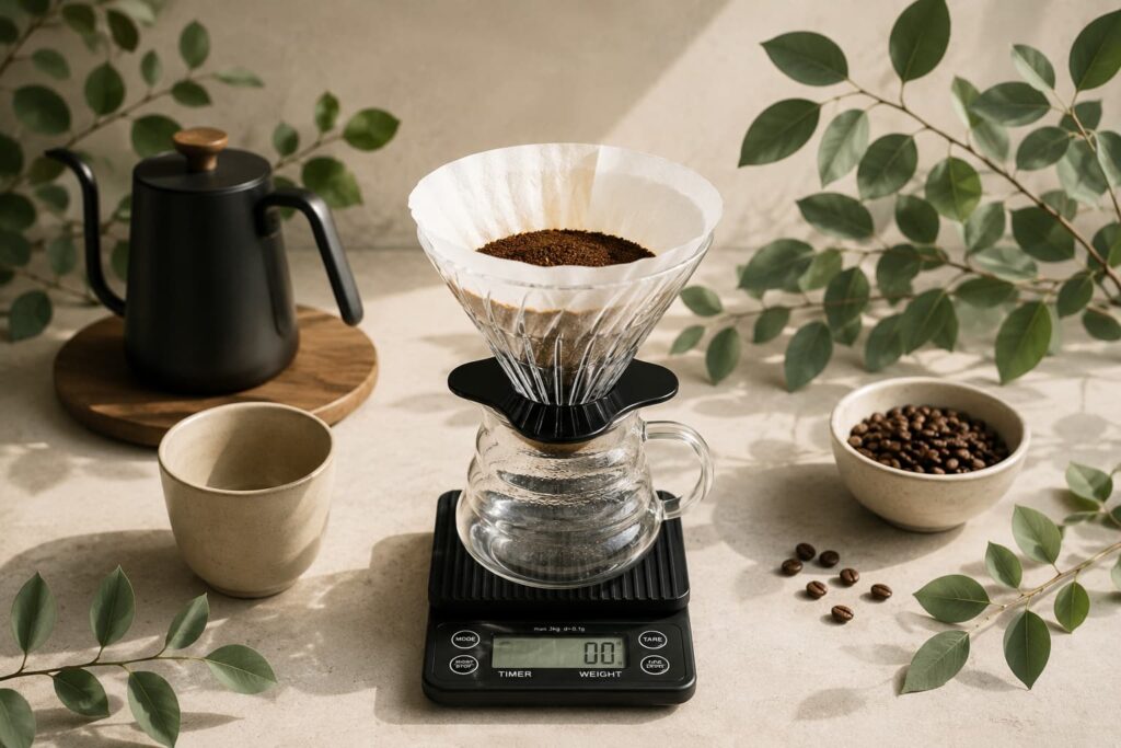 Pour-over coffee brewing setup with a glass dripper, paper filter, ground coffee, digital scale, kettle, and coffee beans on a countertop.
