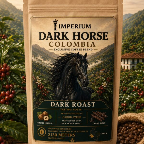 Imperium Dark Horse Colombia Dark Roast coffee in a kraft paper pouch with Colombian coffee plantation background.
