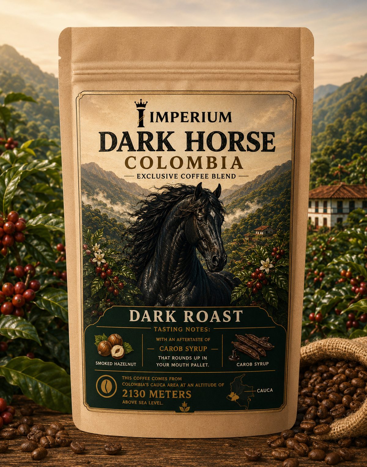 Imperium Dark Horse Colombia Dark Roast coffee in a kraft paper pouch with Colombian coffee plantation background.