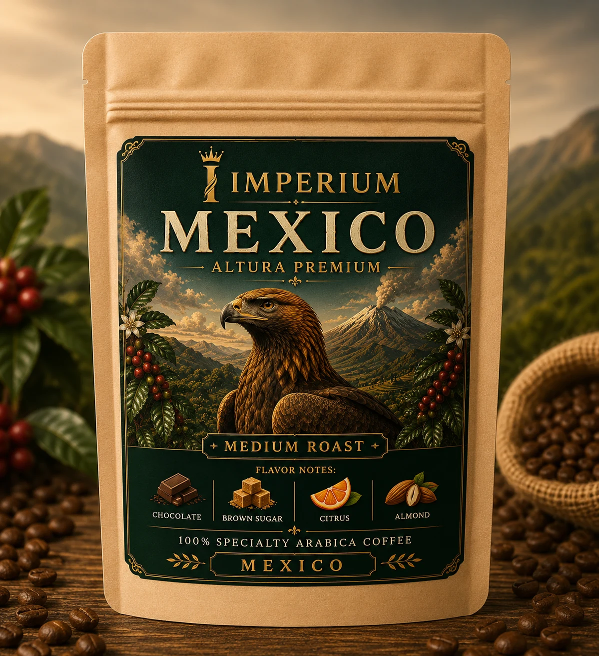 Imperium Mexico Altura Premium specialty Arabica coffee in kraft stand-up pouch