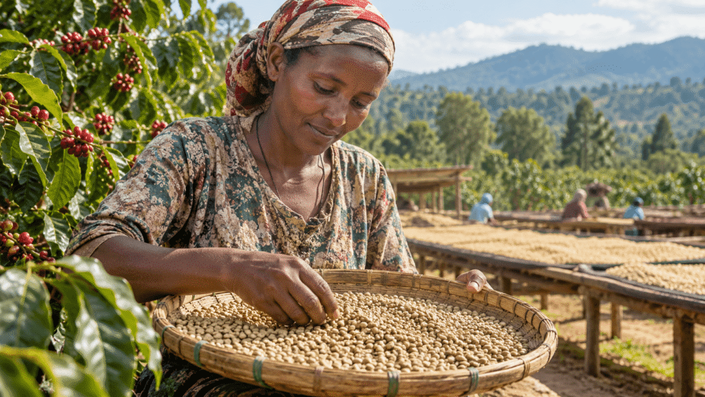 Woman coffee farmer sorting green coffee beans in a woven basket beside ripe coffee cherries and outdoor drying tables on a mountain plantation.