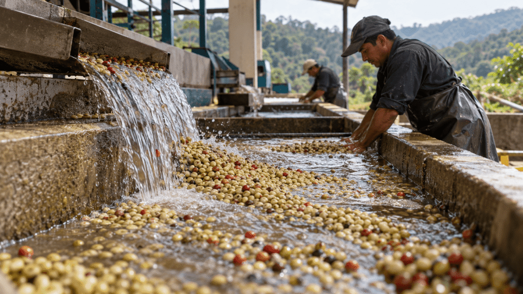 Fresh coffee beans being washed with water during the wet processing stage at a coffee farm.
