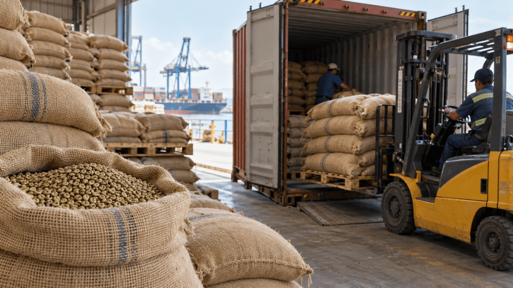 Workers loading bags of raw coffee beans into a car for transport.
