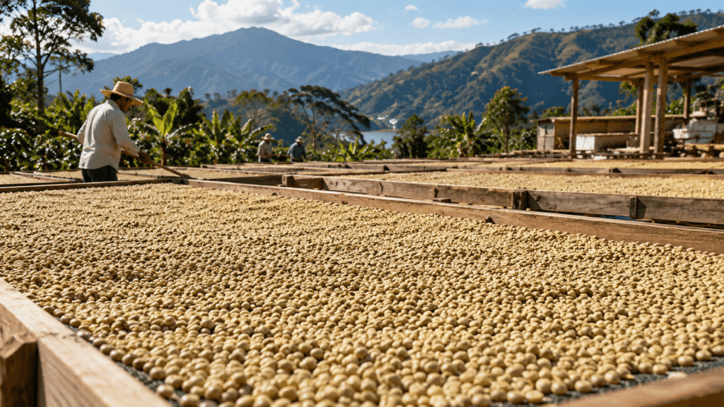 Raw coffee beans spread out under the sun to dry naturally after washing and processing.