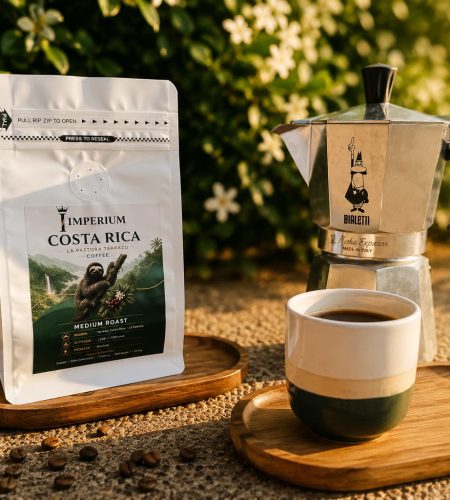 Bialetti Moka Pot brewing coffee with freshly roasted specialty coffee beans.