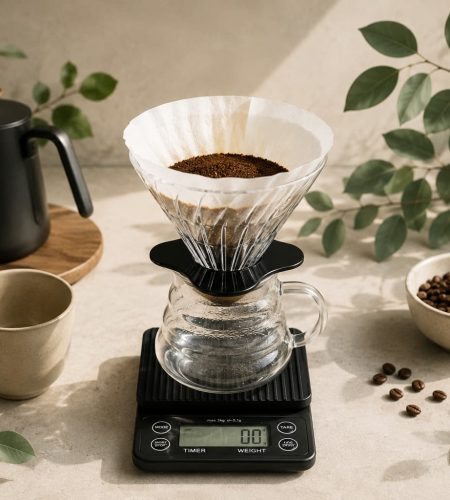 Pour-over coffee brewing setup with a glass dripper, paper filter, ground coffee, digital scale, kettle, and coffee beans on a countertop.
